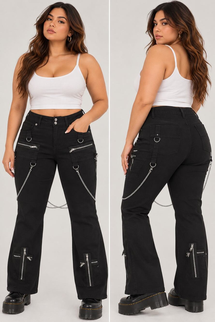Hot Topic Black Suspender Chain Zipper Flare Pants Size 20W NWT